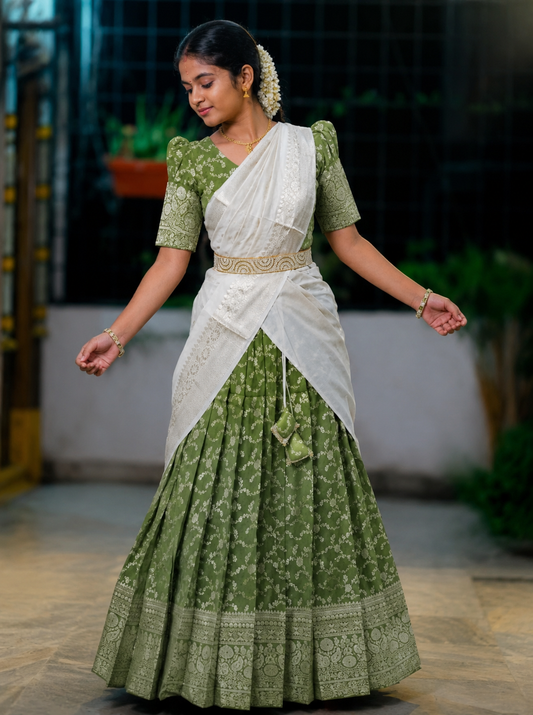 Olive Green & White Traditional Half Saree with Cultural Elegance