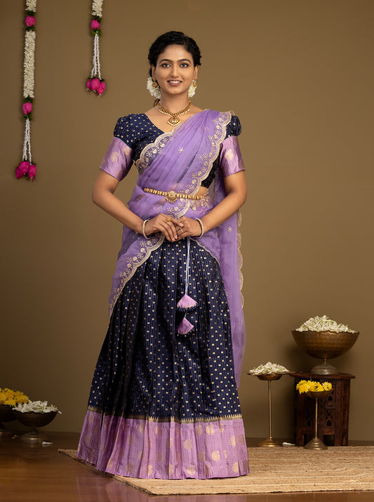 Navy blue and lavender silk half saree