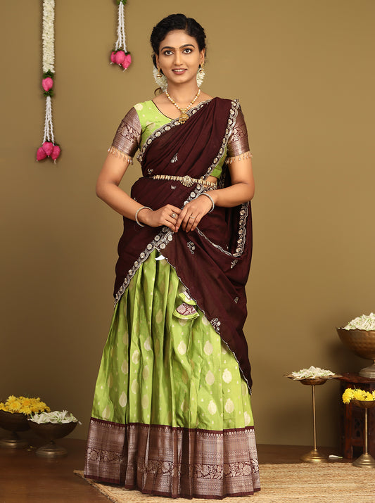 Green and maroon silk half saree for women