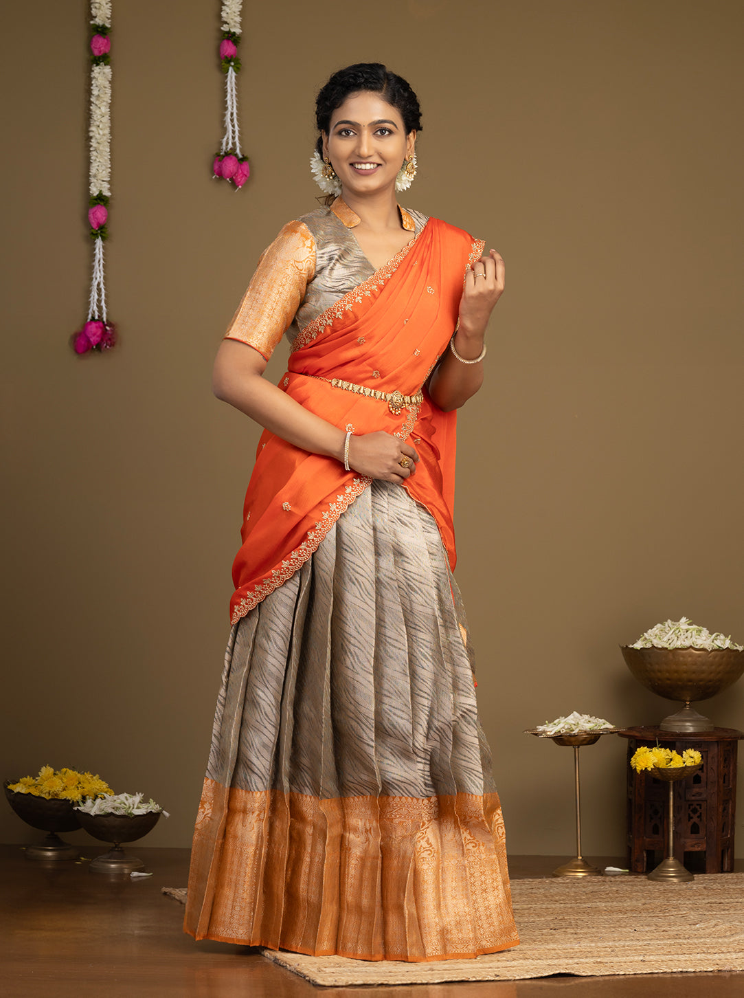 Orange & Grey Wedding and Festival Wear Half Saree