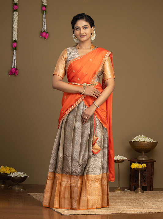Orange & Grey Rangoli Fabric Half Saree Front View