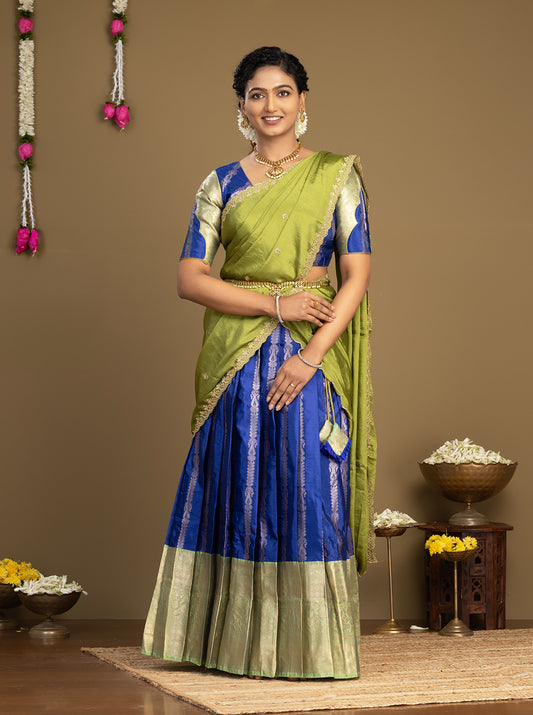 Olive Green & Royal Blue Half Saree Front View