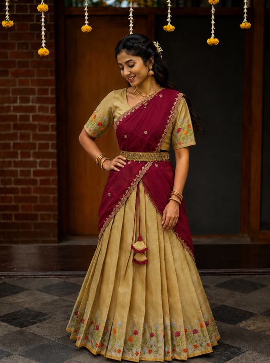 Elegant Beige & Orange Traditional Half Saree