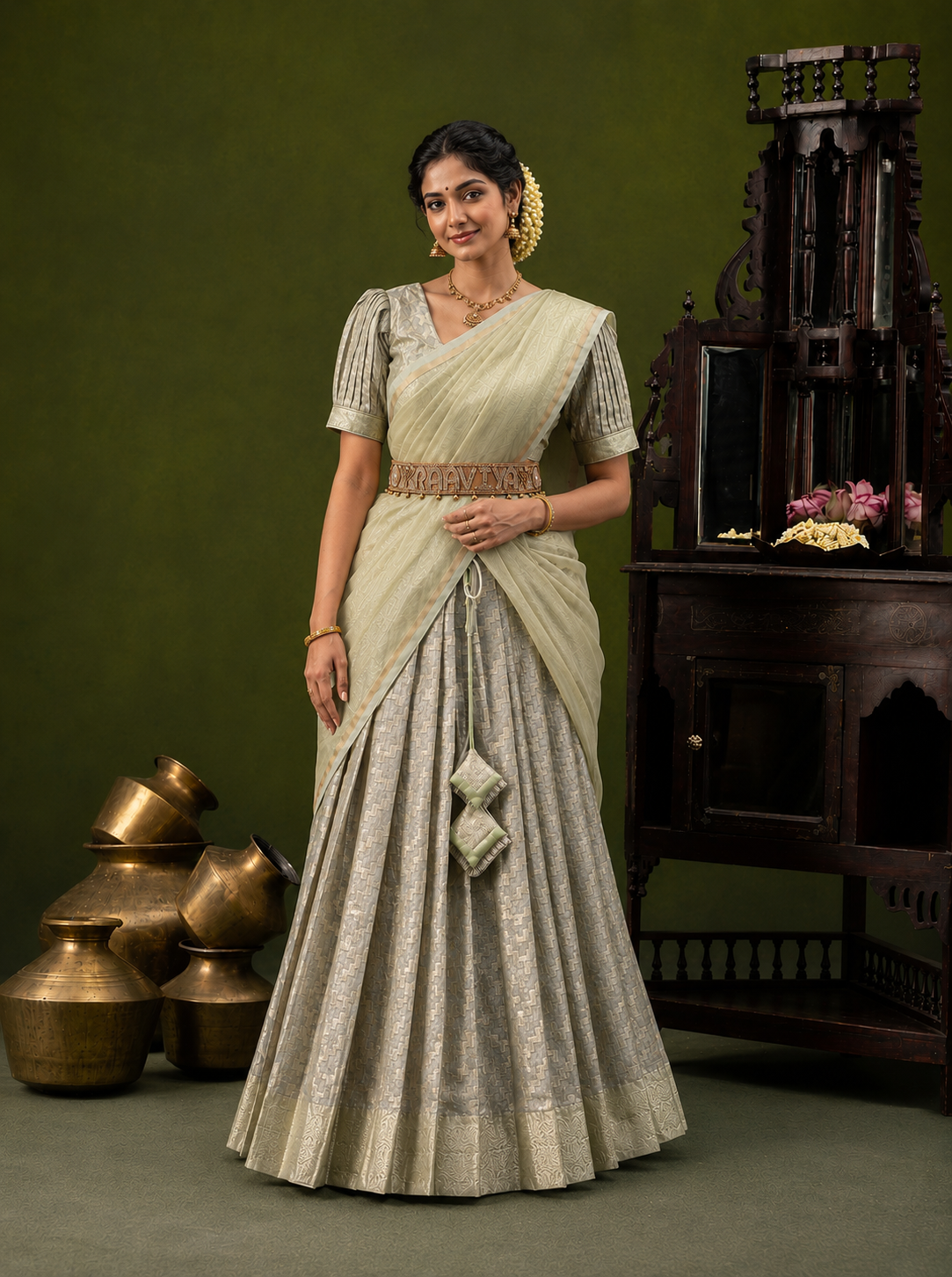 Elegant Ivory & Silver Occasion Wear Traditional Half Saree