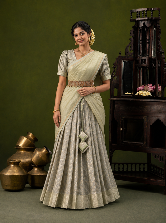 Elegant Ivory & Silver Occasion Wear Traditional Half Saree