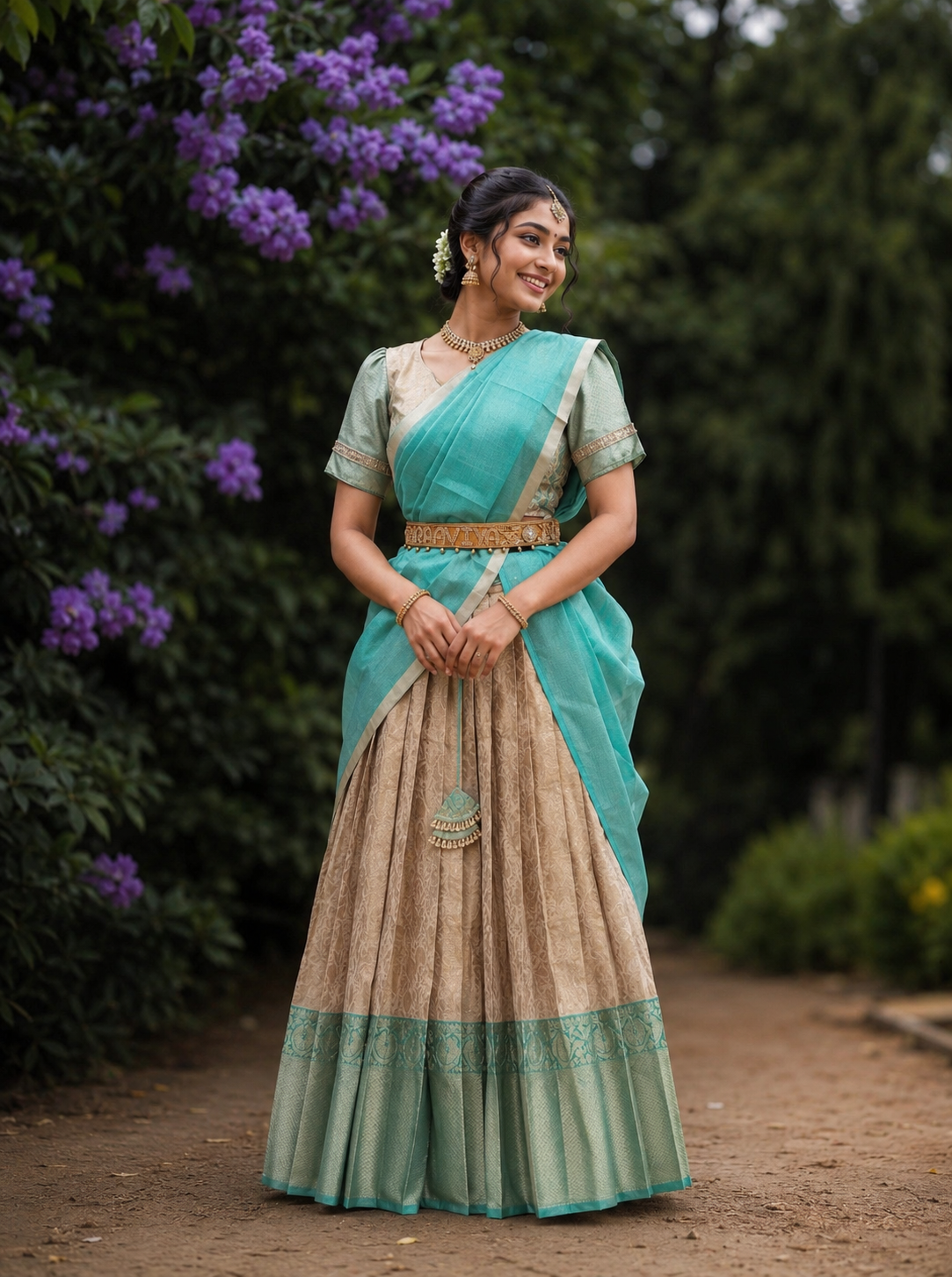 Gold & Cream Traditional Half Saree with Rich Ethnic Charm