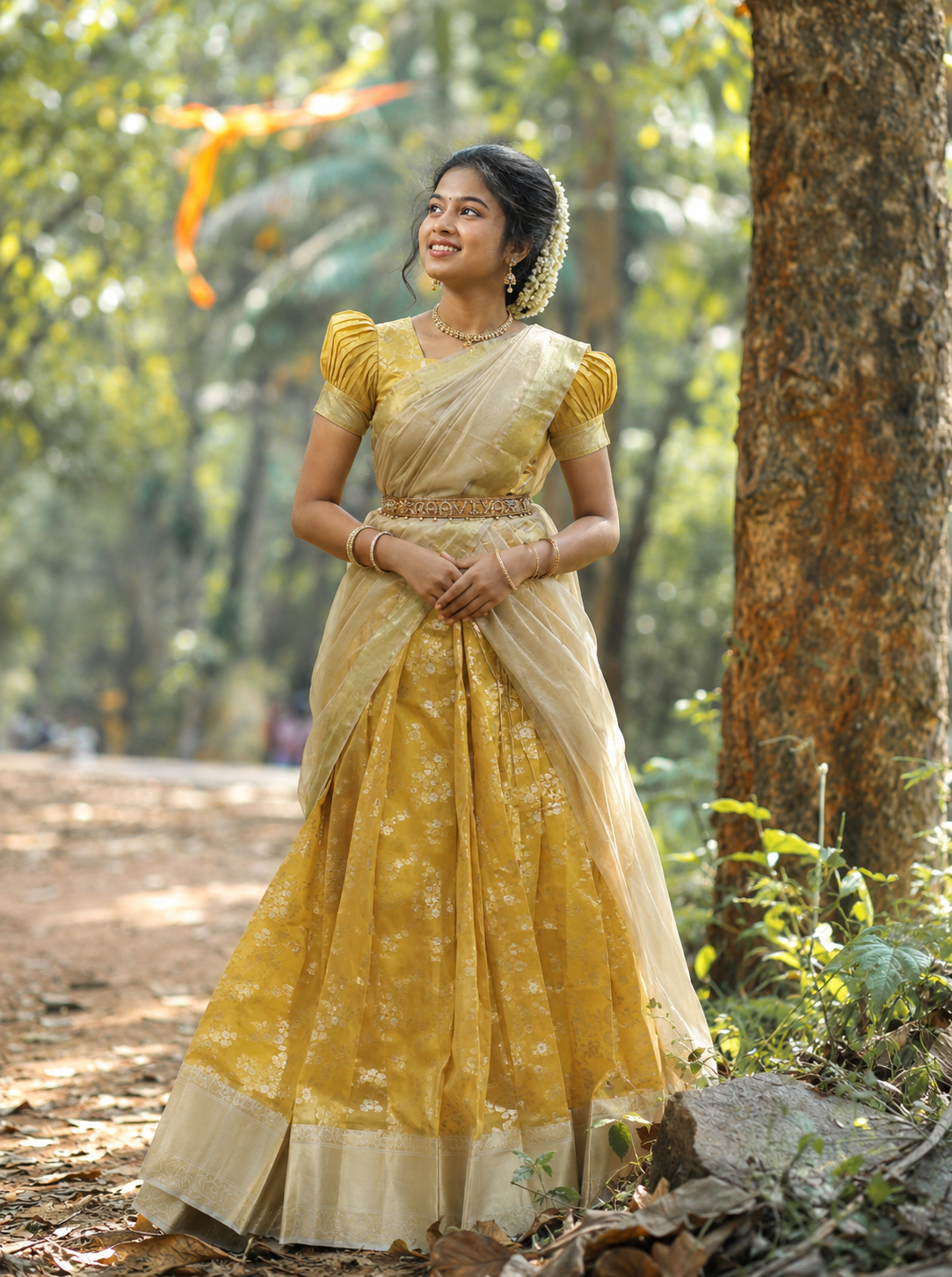 Mustard Yellow & Cream Traditional Half Saree