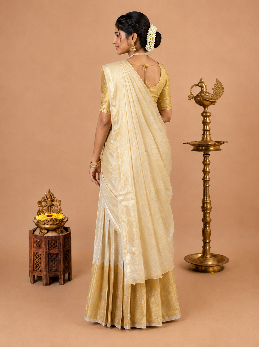 Classic Cream & Gold Traditional Half Saree