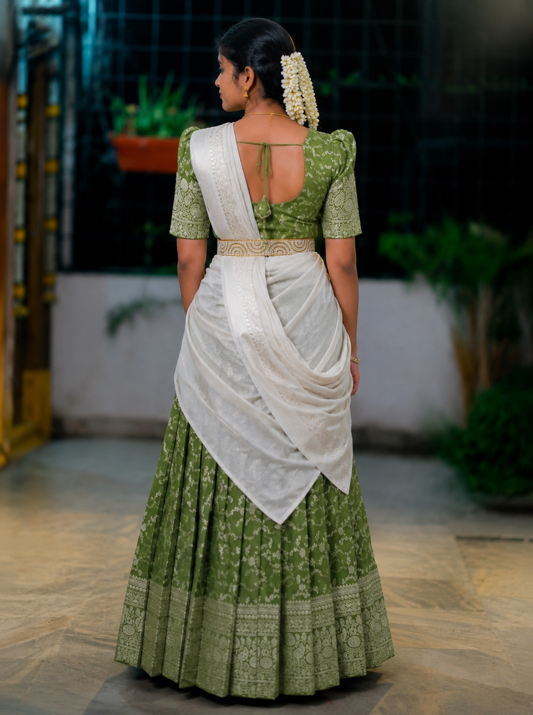Olive Green & White Traditional Half Saree with Cultural Elegance