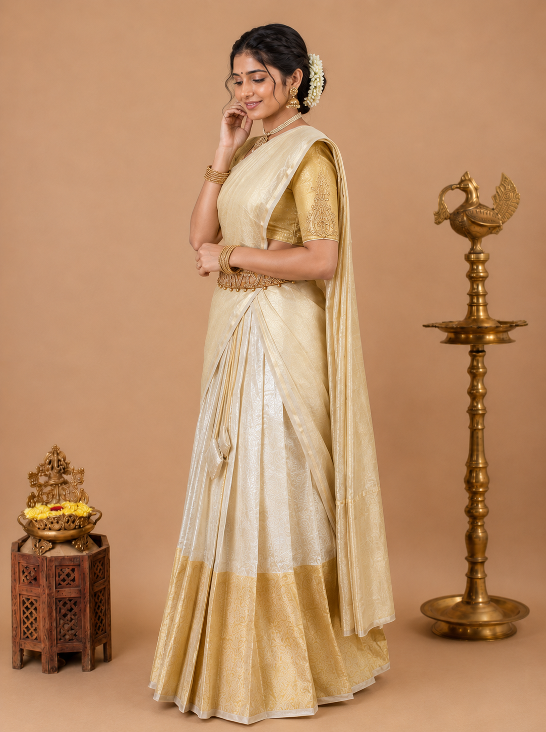 Classic Cream & Gold Traditional Half Saree