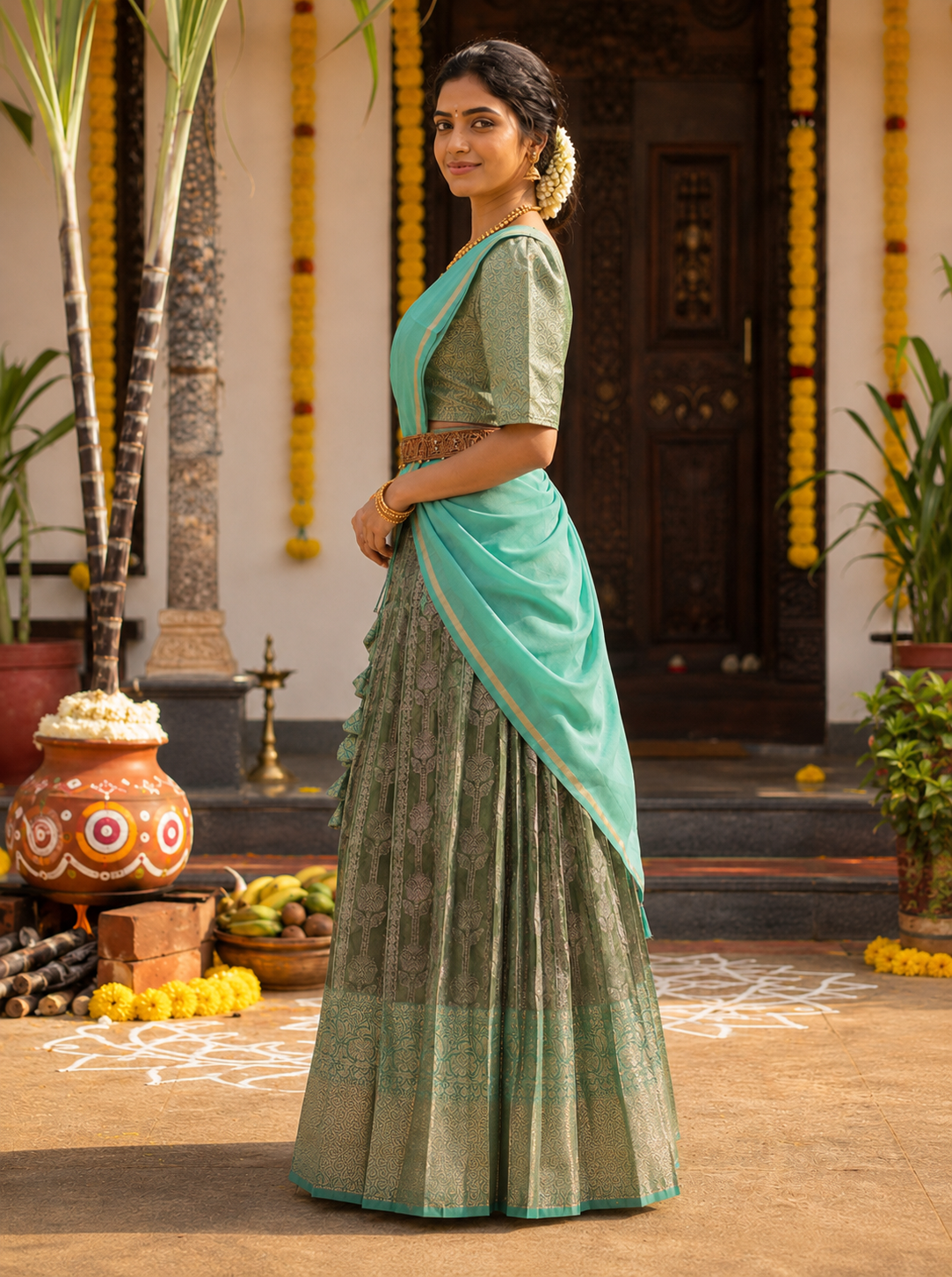 Teal Green & Aqua Blue Premium Traditional Half Saree