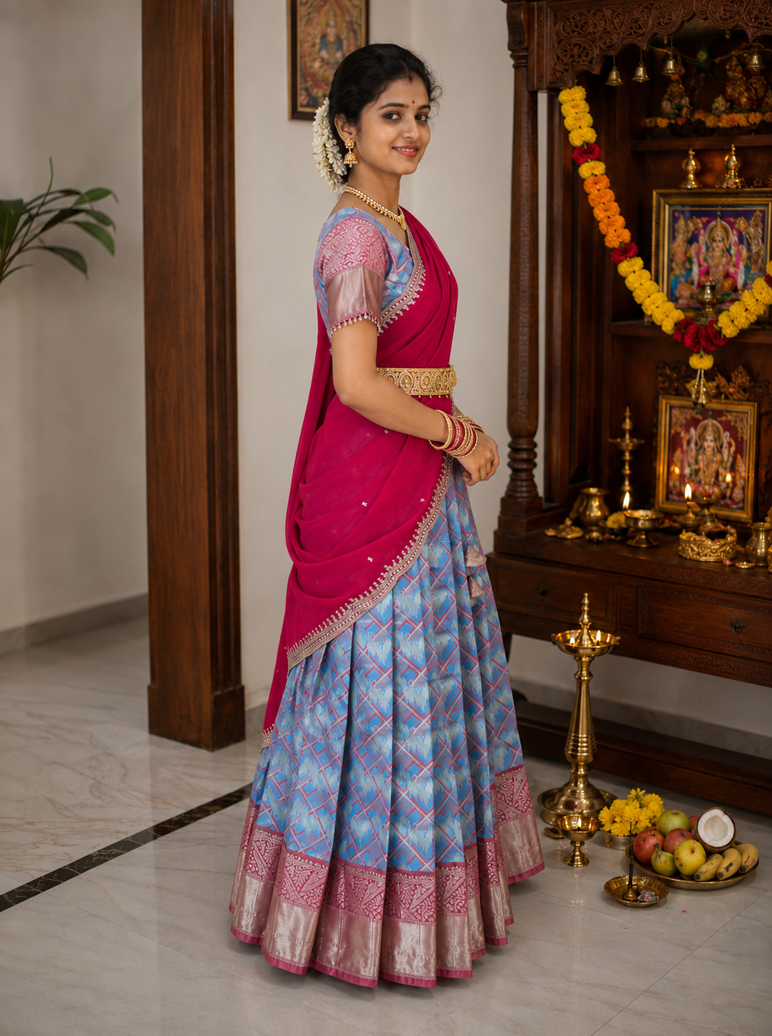 Royal Sky Blue & Pink Premium Traditional Half Saree