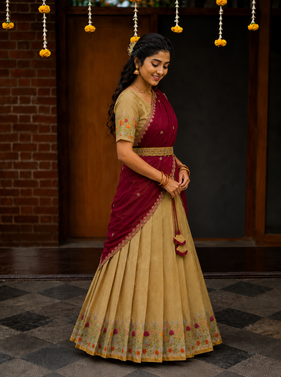 Elegant Beige & Orange Traditional Half Saree