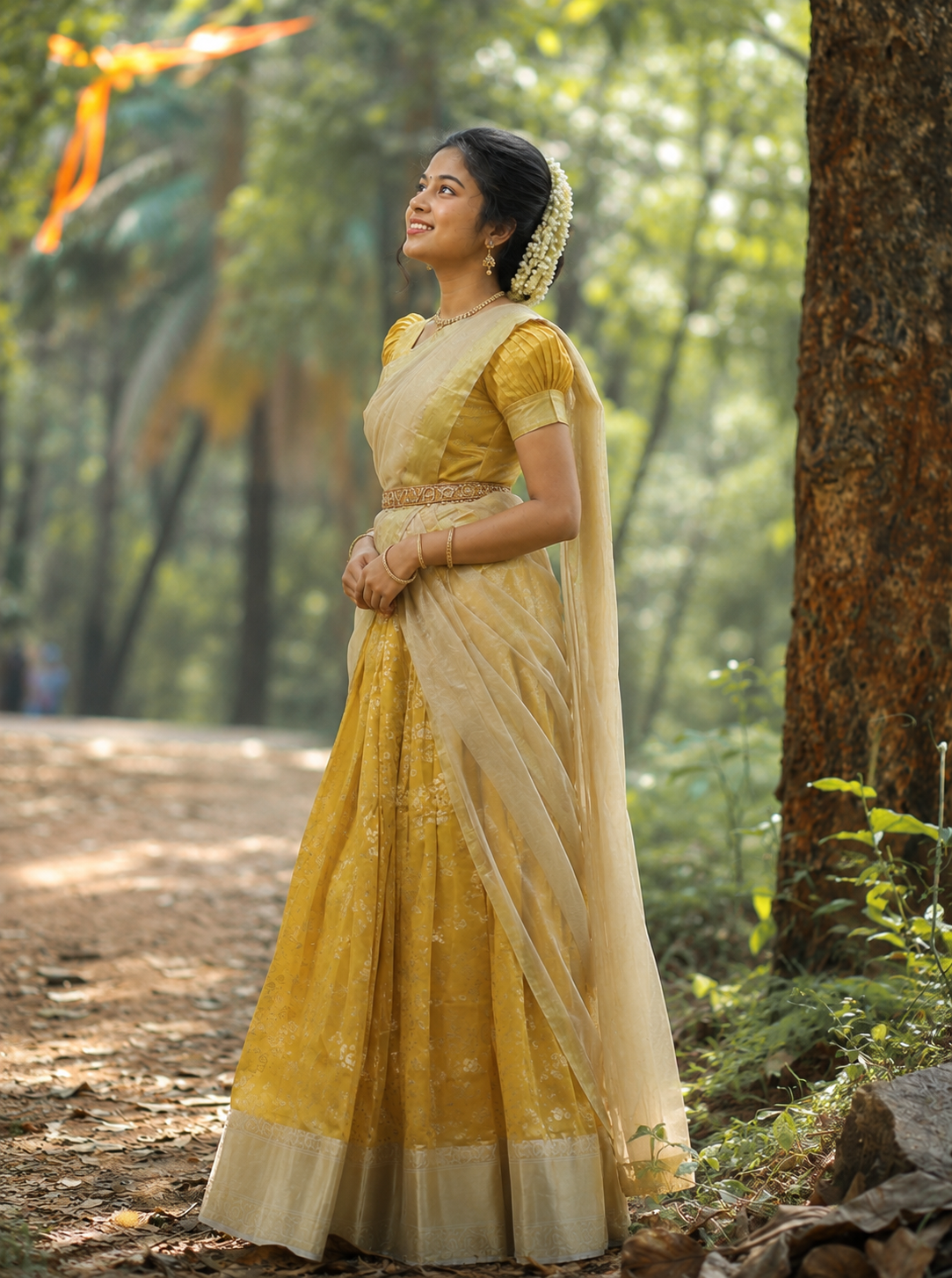 Mustard Yellow & Cream Traditional Half Saree