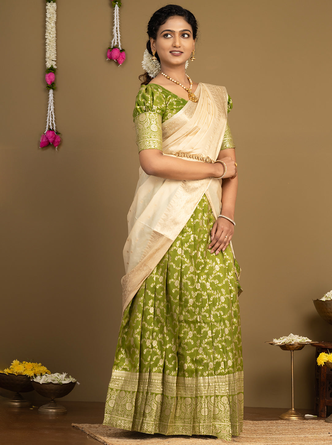 Olive Green and Cream Half Saree with woven skirt