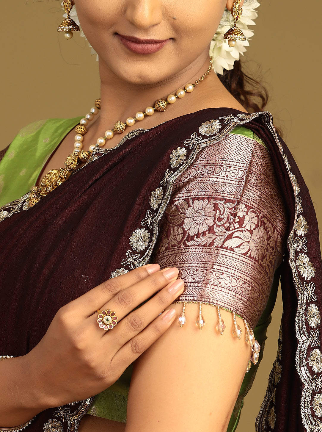 Designer green silk half saree with zari border