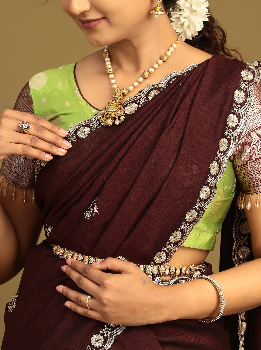 Elegant green and maroon half saree for festive wear