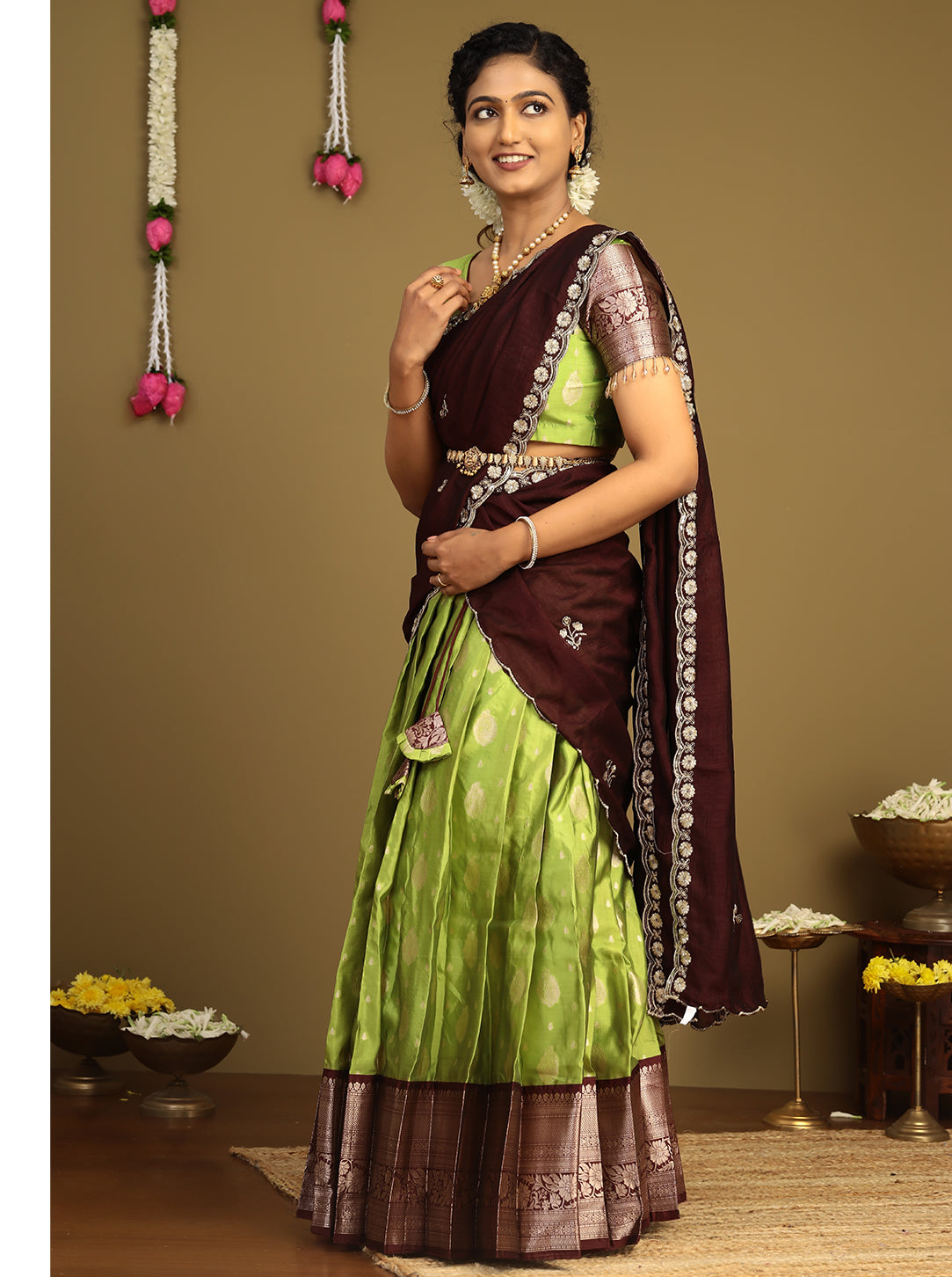 South Indian green half saree with maroon drape