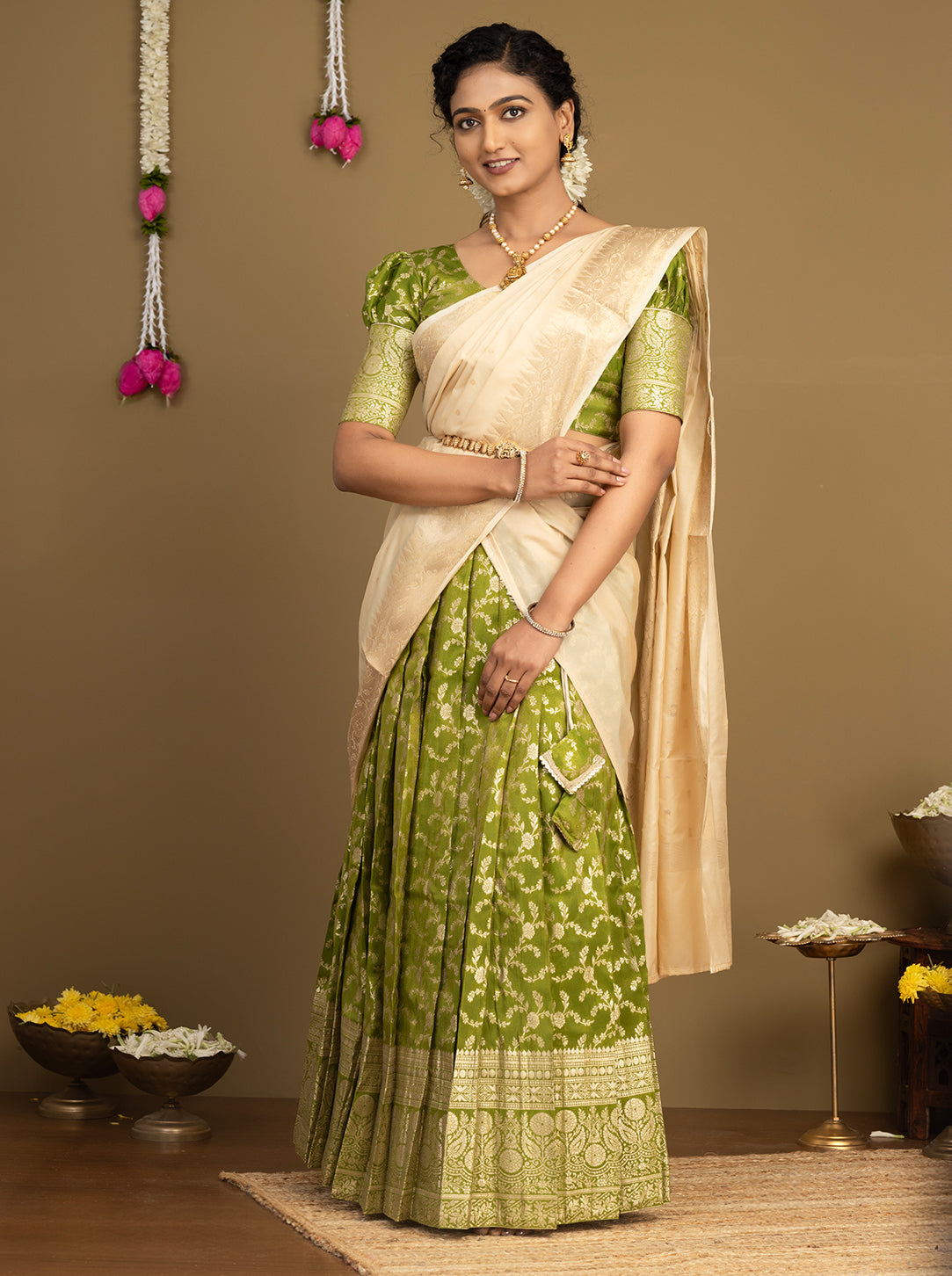 Olive Green and Cream Half Saree with woven skirt