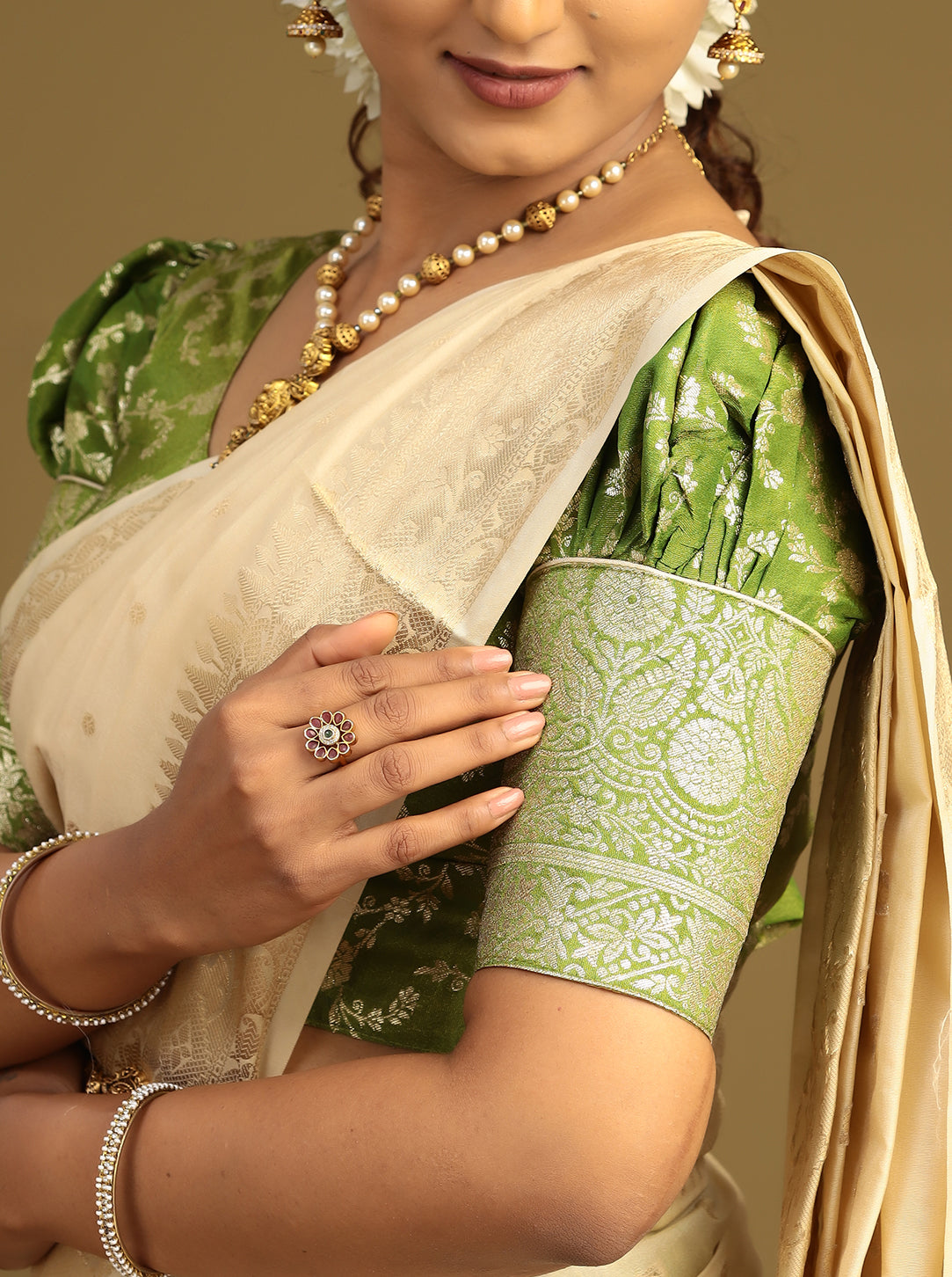 Designer Olive Green Half Saree with cream dupatta.