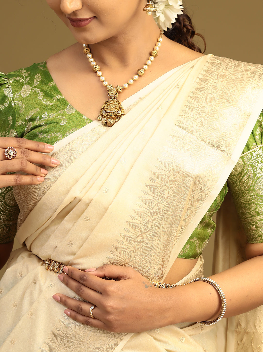 Premium Olive Green Half Saree featuring cream tissue dupatta.