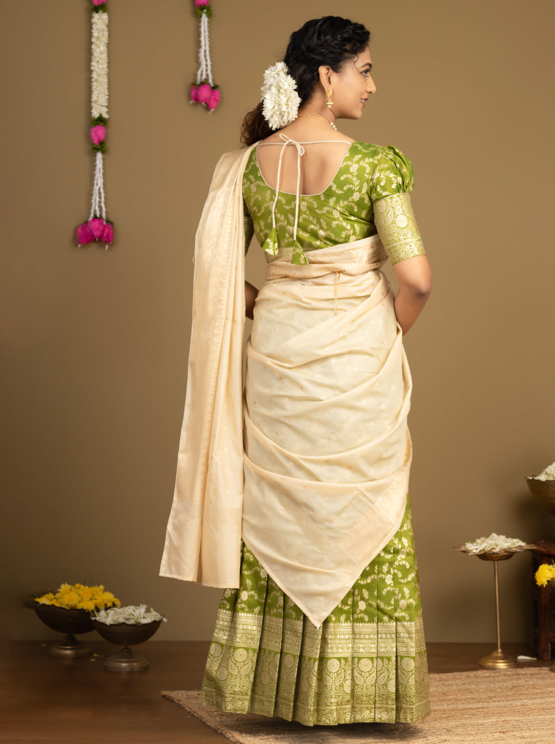 Premium Olive Green Half Saree featuring cream tissue dupatta.