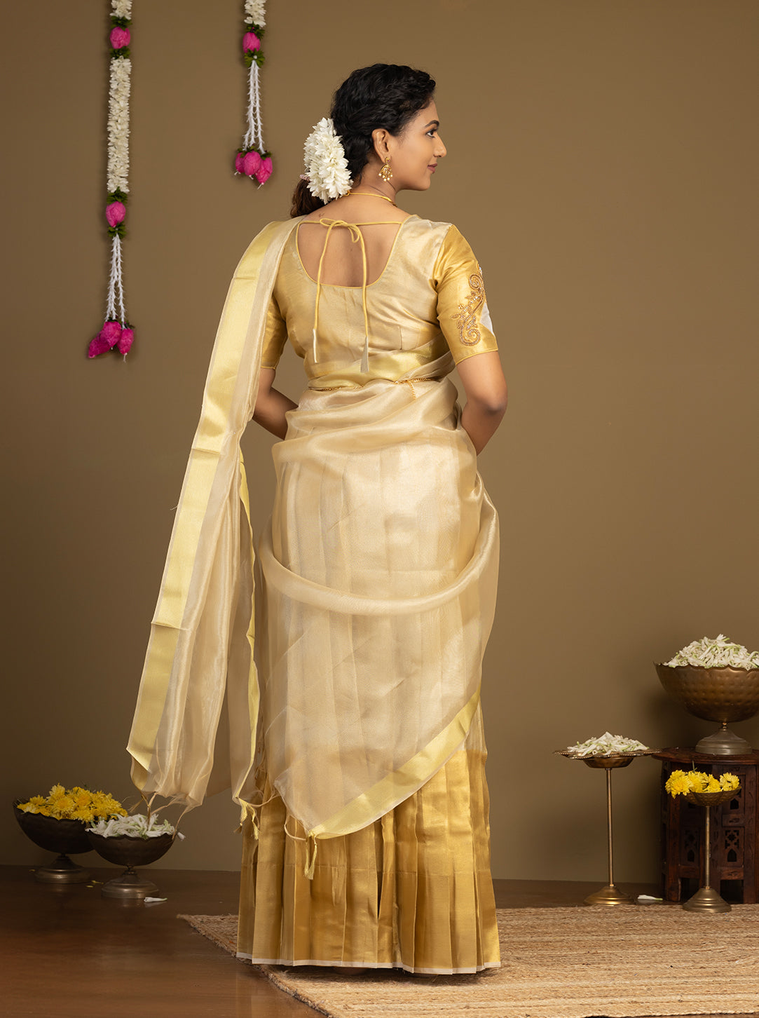 Traditional cream pattu half saree with zari border