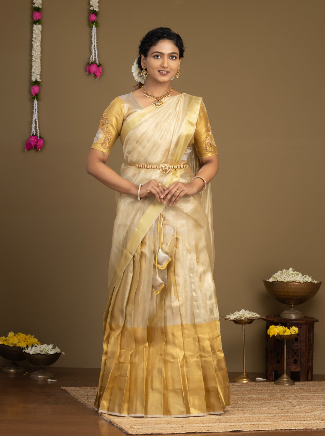 Cream and gold silk half saree for women
