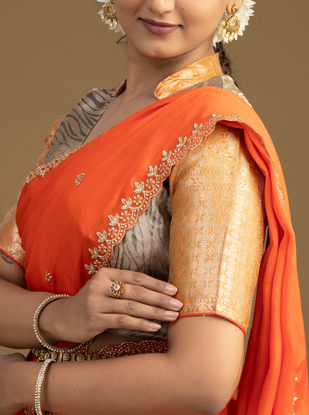 Close-up of Orange Dupatta with Zari Border