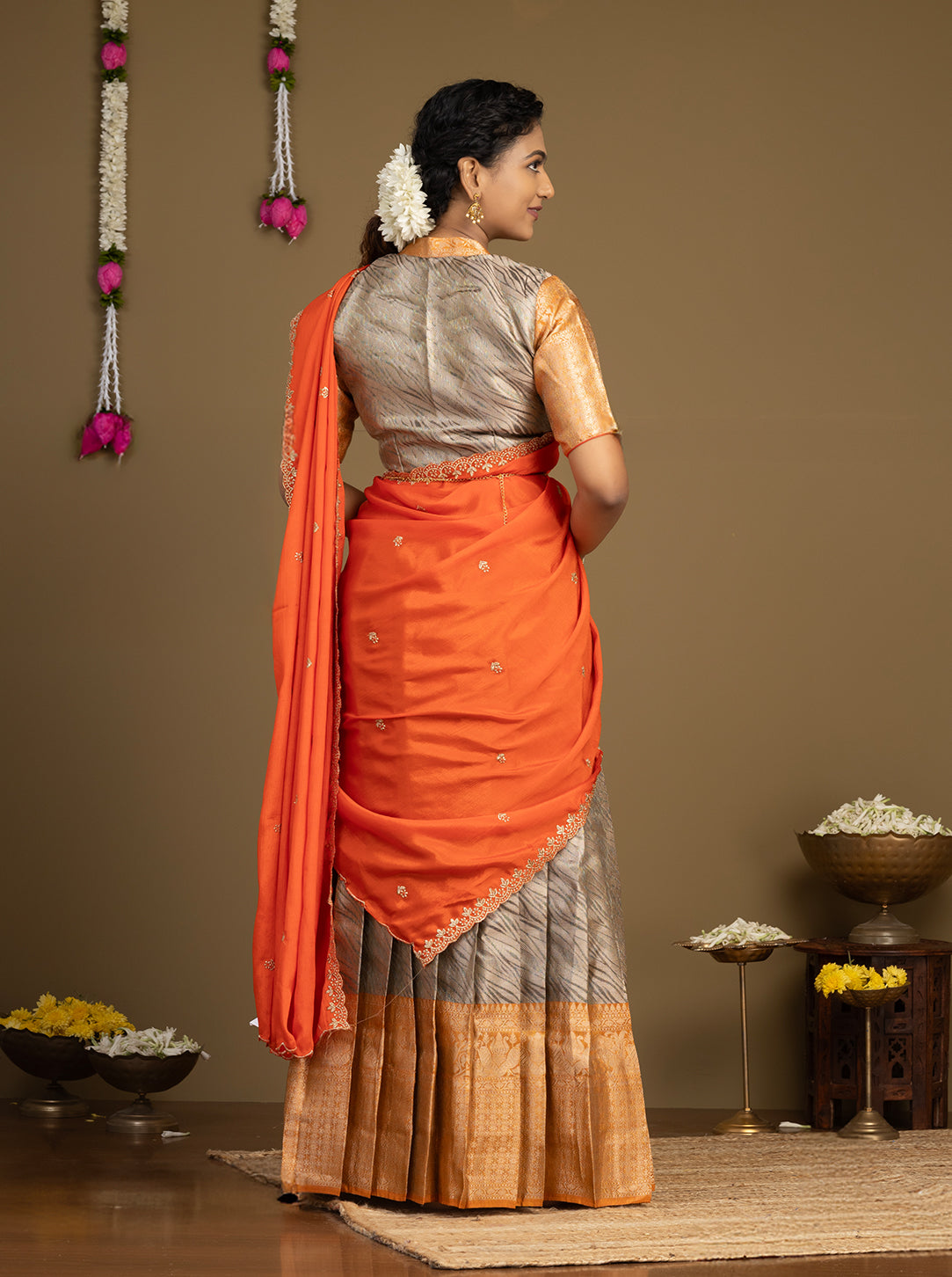 Side View of Orange Designer Half Saree for Women