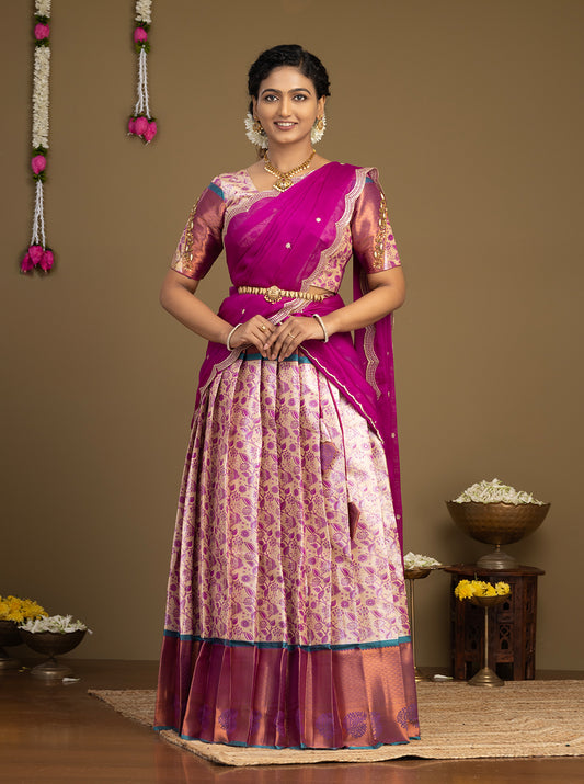 Women's Magenta Pink Rangoli Fabric Half Saree with Floral Printed Lehenga