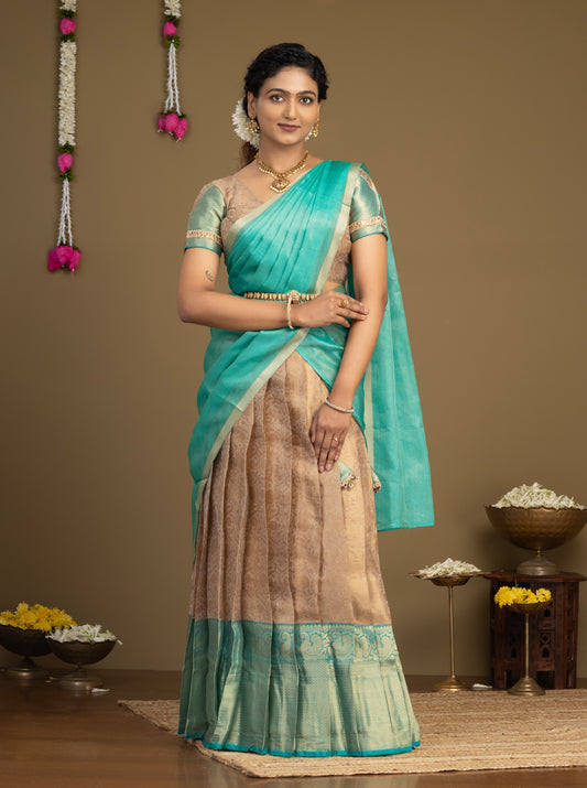 Teal and beige silk half saree for women