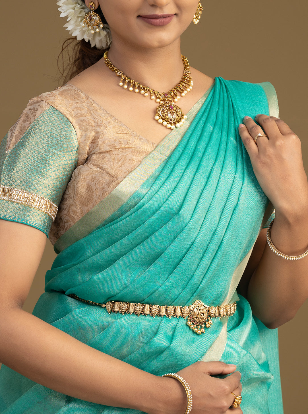 Elegant teal and beige half saree for festive wear