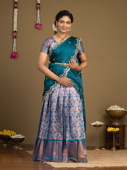Teal Blue Rangoli Fabric Half Saree 