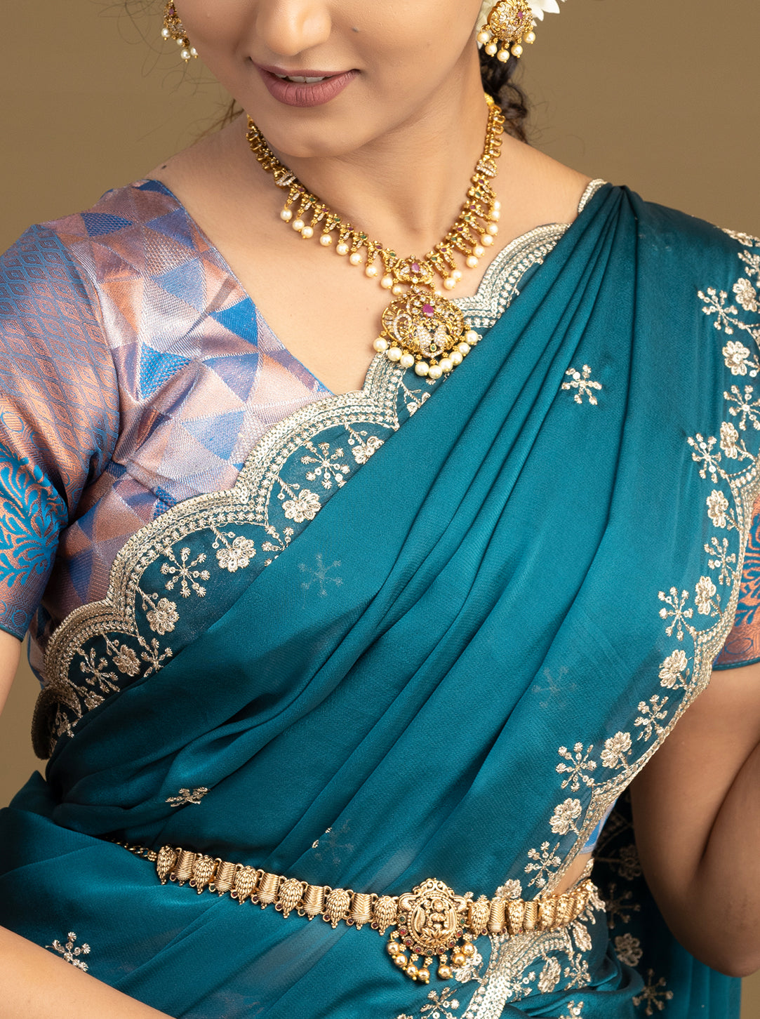 Close-up of Teal Blue Dupatta with Designer Border