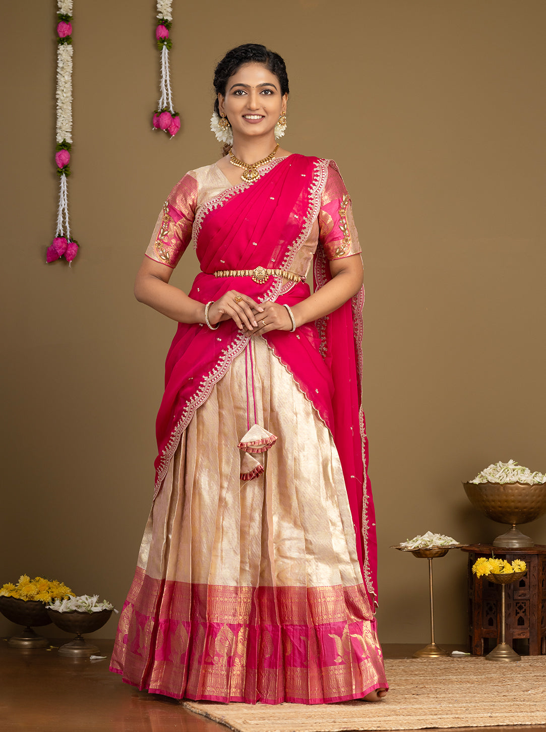 Cream and pink silk half saree for women