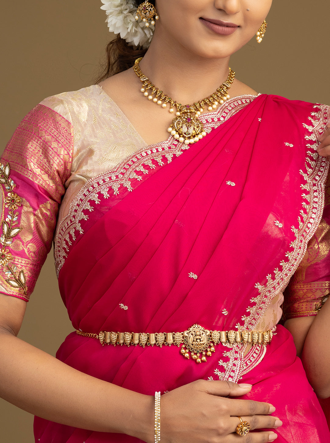 Traditional cream and pink half saree