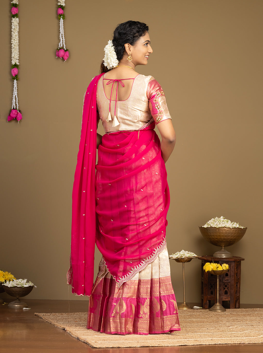 Designer pink pattu half saree with zari border
