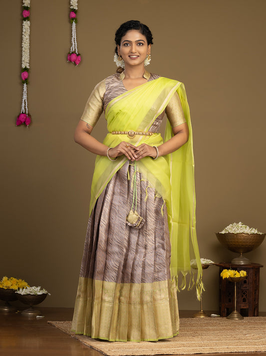 Lime Green & Grey Rangoli Fabric Half Saree Front View
