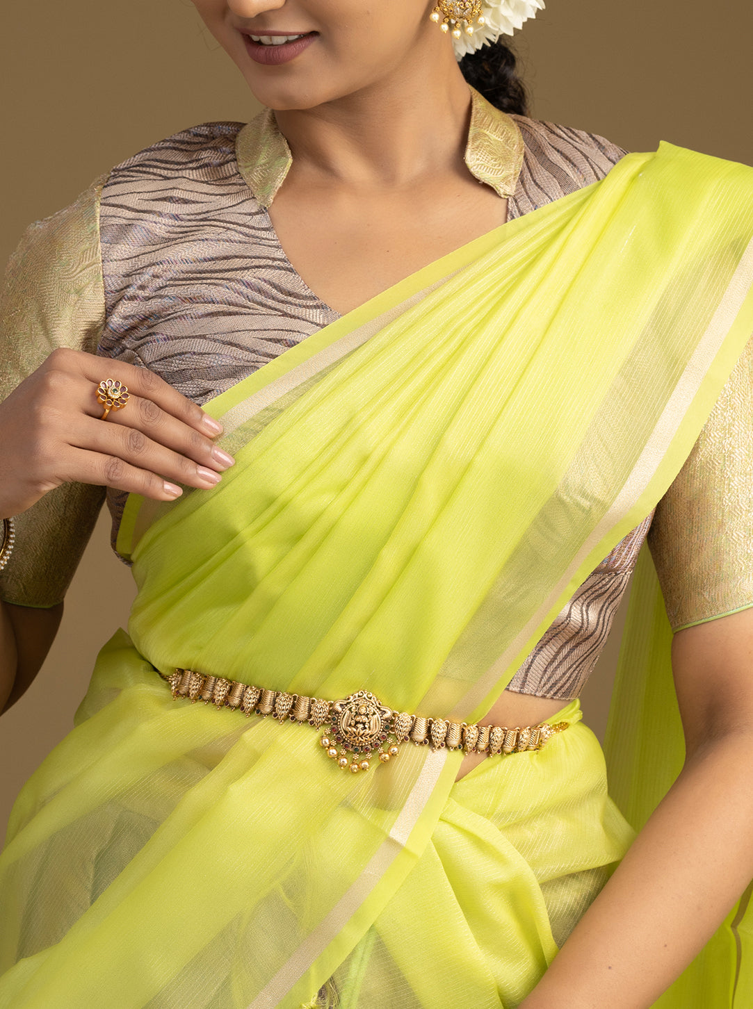 Close-up of Lime Green Dupatta with Zari Border