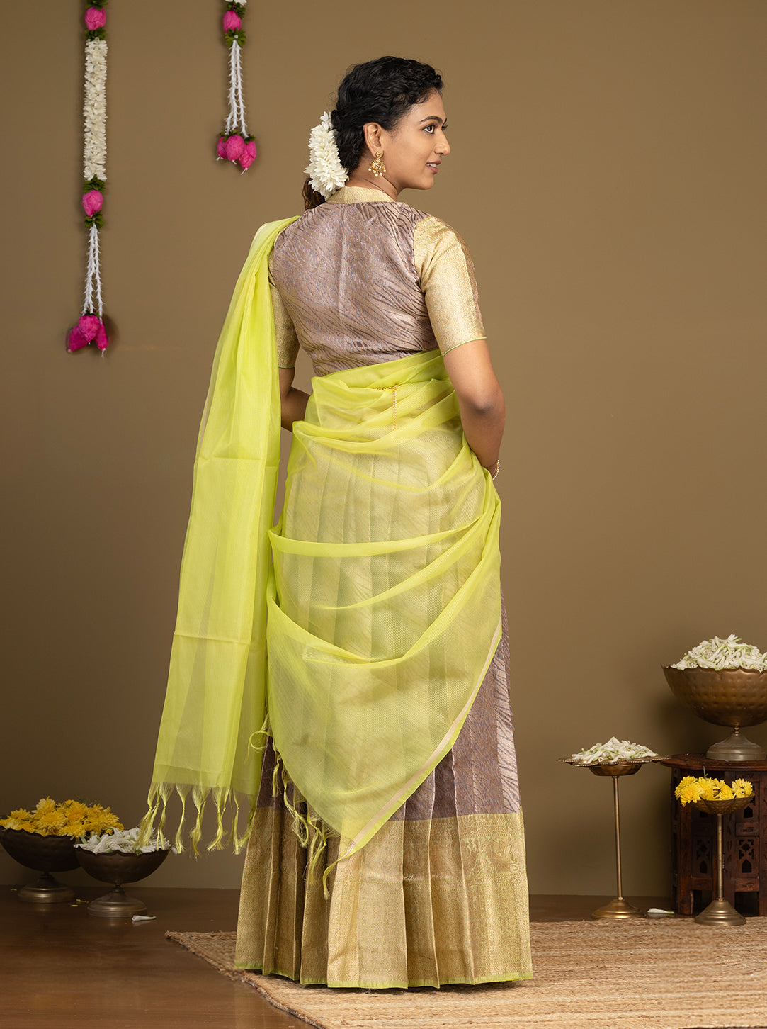 Lime Green & Grey Wedding and Festival Wear Half Saree