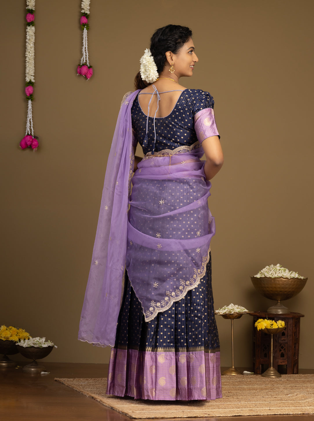 Designer navy blue pattu half saree