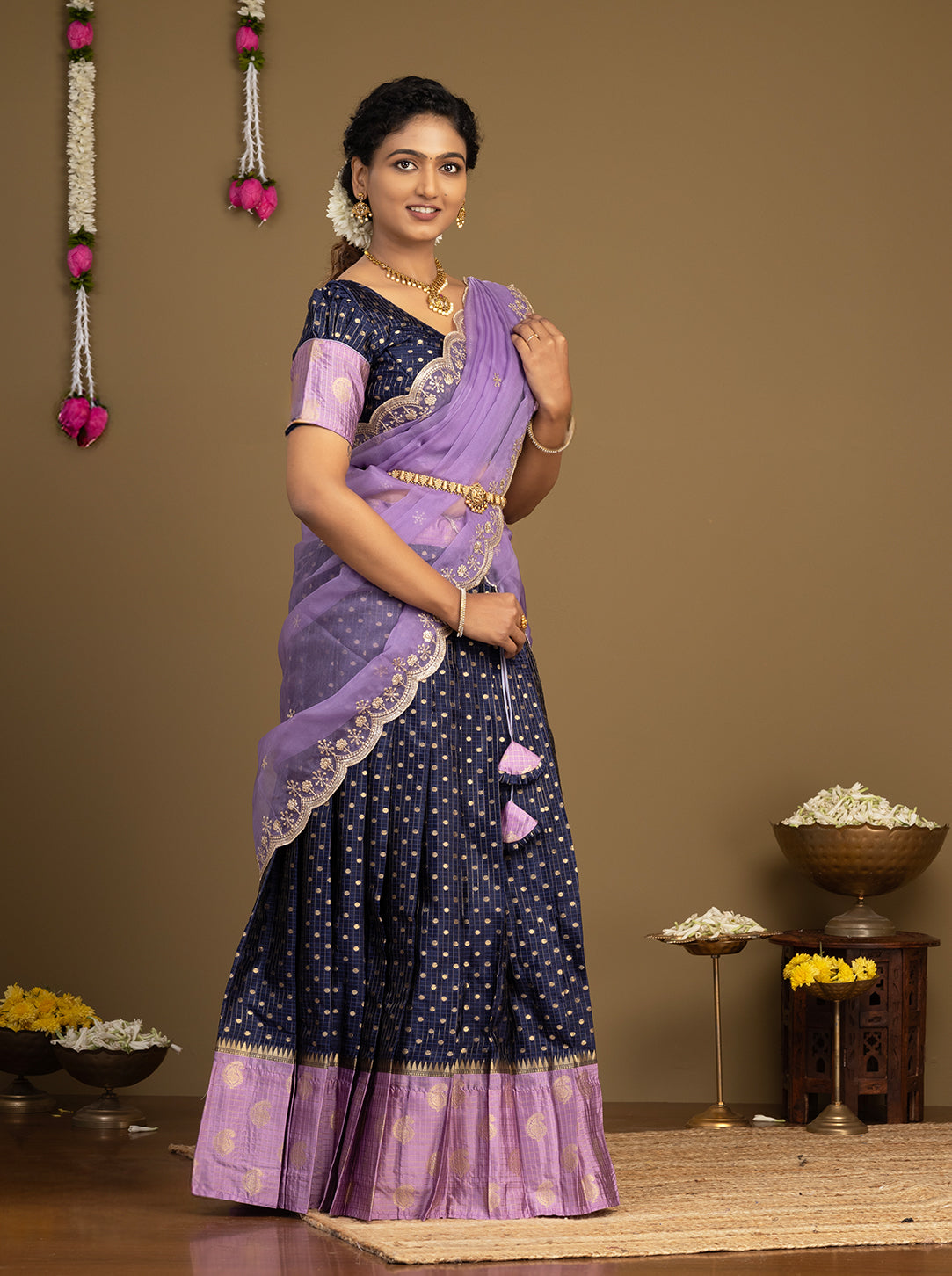 South Indian navy blue half saree for women