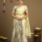 Woman in a light green saree with a neutral background