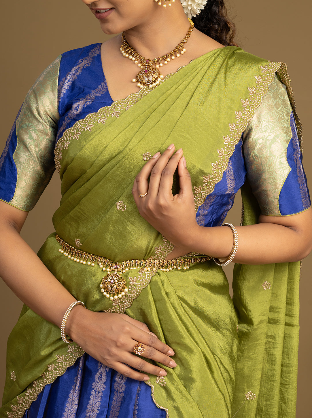 Close-up of Royal Blue Blouse and Olive Green Dupatta