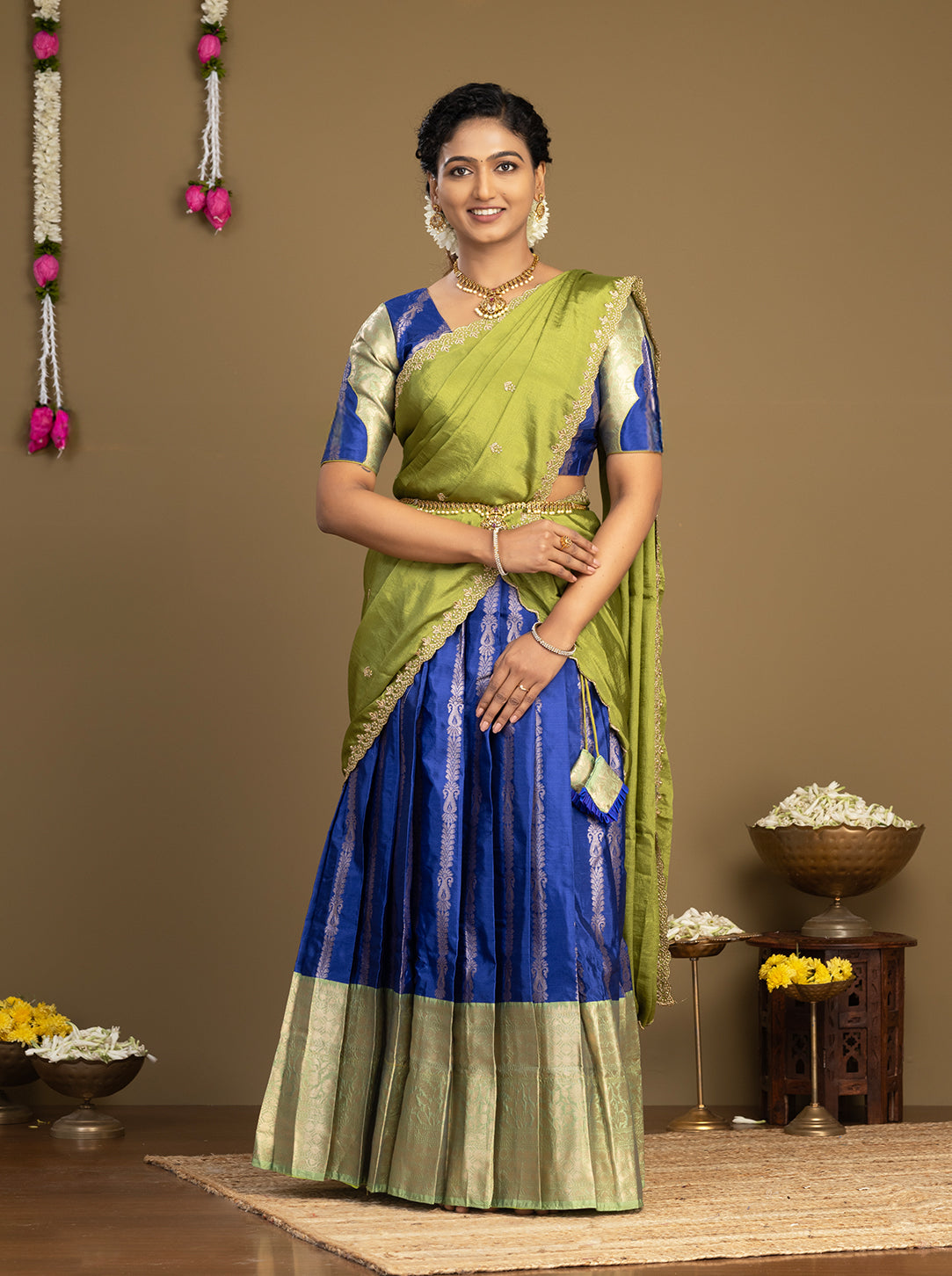 Olive Green & Royal Blue Half Saree Front View