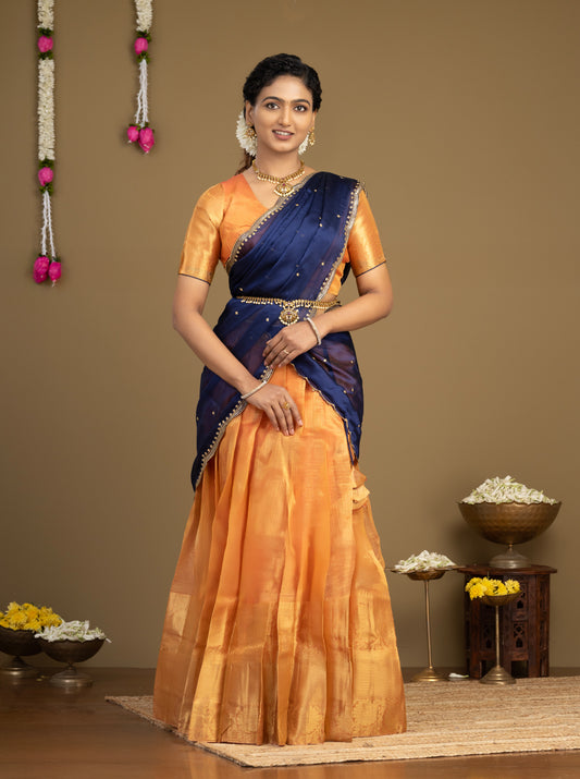 Mustard Yellow & Navy Blue Half Saree Front View