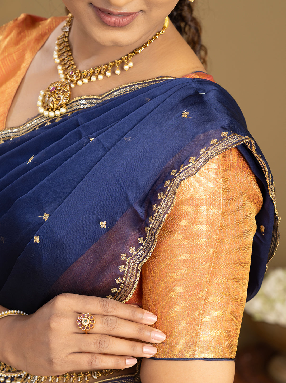 Designer Blouse and Border Detail on Rangoli Half Saree