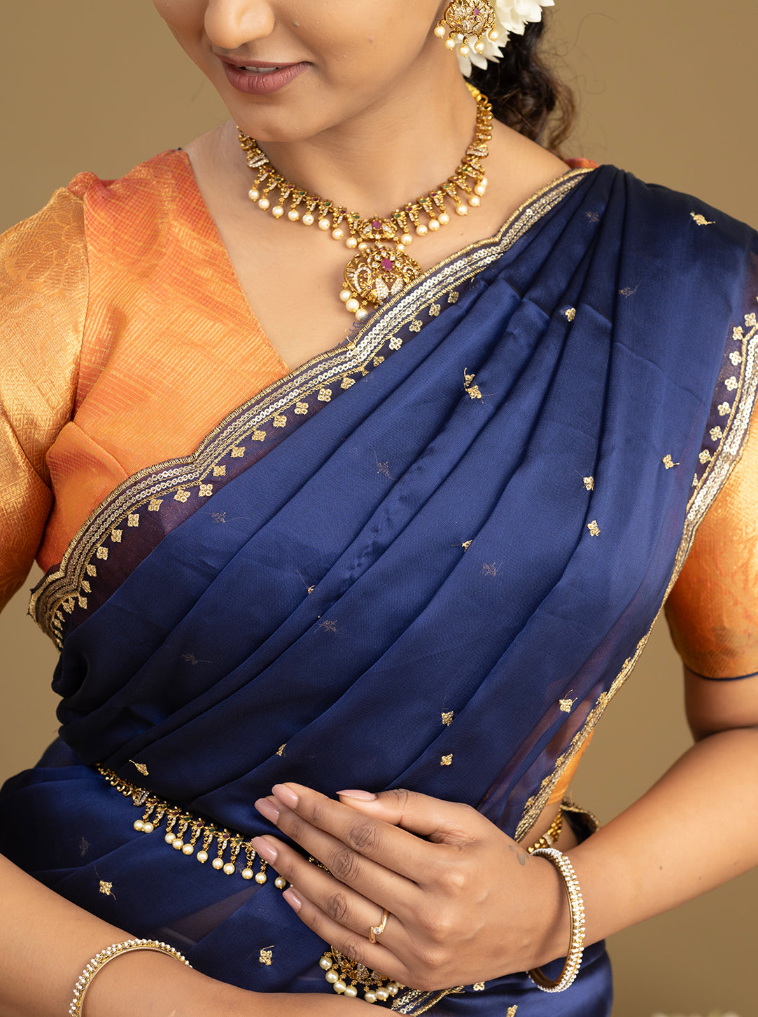 Close-up of Navy Blue Dupatta with Designer Border